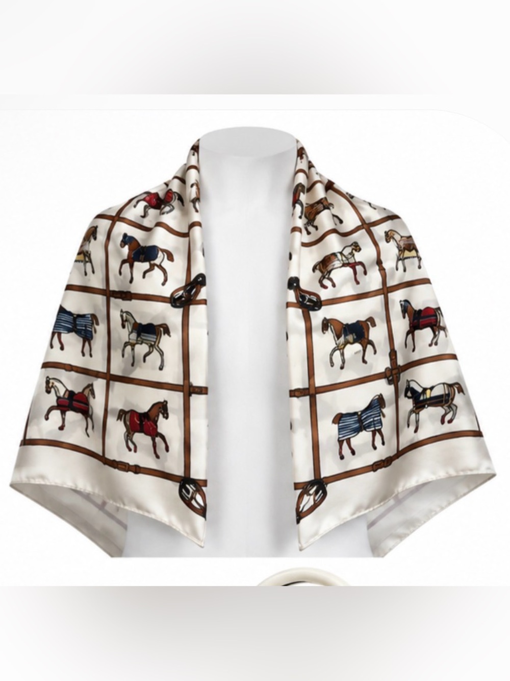 Silk-Feel White Stylish Equestrian Print Scarf - Women Accessories 28”x28”